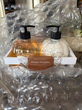 MAISON DE BASE. 2 Pc Honey Pumpkin Hand Soap & Hand Cream in Wooden Crate
